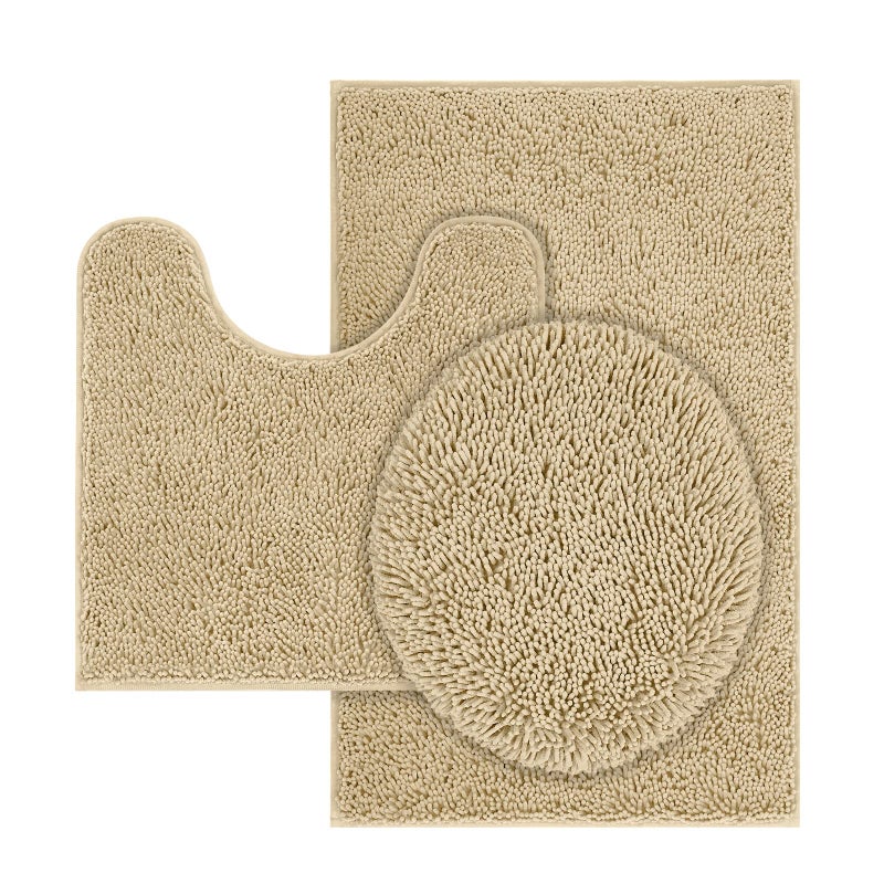 TREETONE Chenille Bath Mat 3 Pieces Bathroom Rugs Set, 20x20 Inches U-Shape Contoured Toilet Mat & 20x32 Inches Rug & Lid Cover,Water Absorbent Plush Rugs for Tub Shower & Bath Room -Beige - Image 1